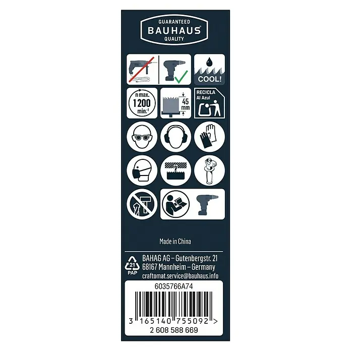 Craftomat Diamant-Lochsäge Keramik - 18 mm, Schnitttiefe: Max. 35 mm - Abbildung mit Sicherheitshinweisen und Produktdetails eines Bauhaus-Produkts, einschließlich Barcode und Herstellerinformationen.