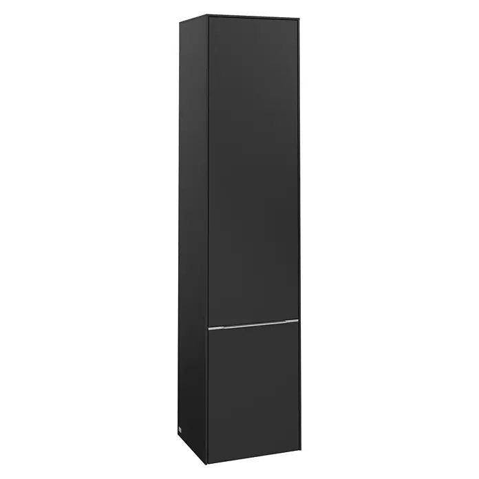 Villeroy & Boch Subway 3.0 Hochschrank - B x T x H: 40 x 36,2 x 171 cm, 2x Tür, Volcano Black, Farbe Griff: Aluminium glänzend, DIN Anschlag: Links - Aufnahme eines modernen schwarzen Kleiderschranks mit schlichtem Design, ideal für stilvolle Stauraumlösungen.