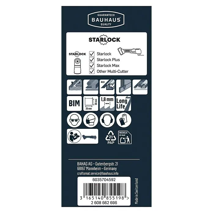 Craftomat Tauchsägeblatt - 30 x 20 mm, Geeignet für: Holzwerkstoffe, STARLOCK-System - Produktverpackung mit Informationen zu Kompatibilität, Materialien, Sicherheitsvorkehrungen und Herstellerangaben.