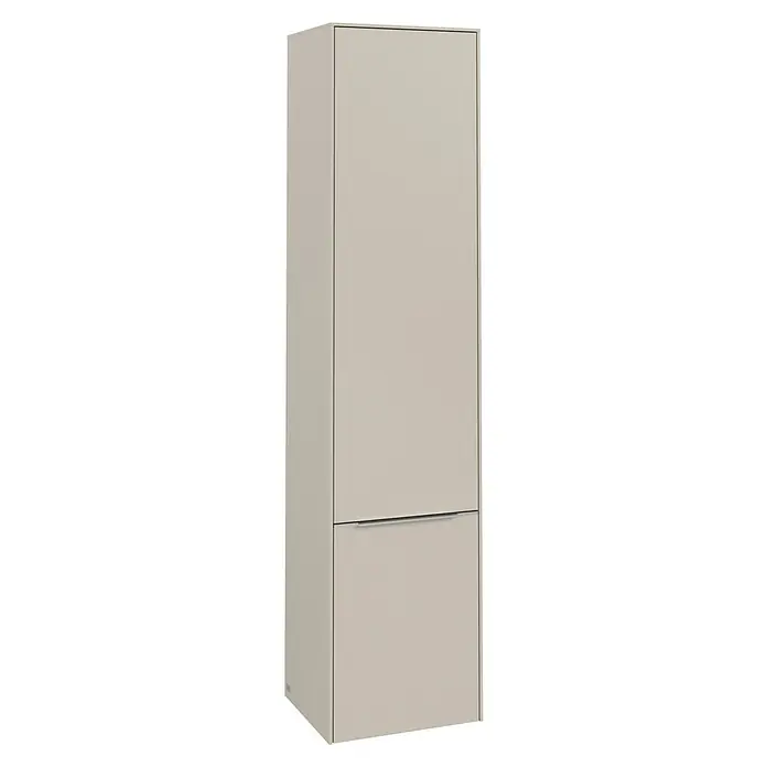 Villeroy & Boch Subway 3.0 Hochschrank - B x T x H: 40 x 36,2 x 171 cm, 2x Tür, Cashmere Grey, Farbe Griff: Aluminium glänzend, DIN Anschlag: Links - Ein schmaler, beigefarbener Hochschrank mit minimalistischem Design und einem Schubfach im unteren Bereich. Ideal für moderne Badezimmer.