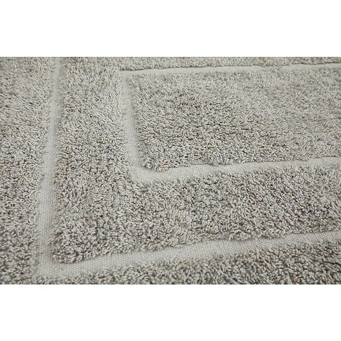 Badteppich Havanna - 50 x 80 cm, Taupe, Border, 80% Baumwolle, 20% Polyester - Nahaufnahme eines weichen, grauen Badvorlegers mit einem strukturierten, rechteckigen Design, das Komfort und Stil im Badezimmer vereint.