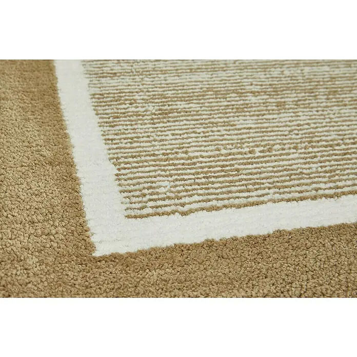 Badteppich Maui - 50 x 80 cm, Taupe, 100% Polyester - Nahaufnahme eines beigen Teppichs mit weißem Rand und Streifenmuster.