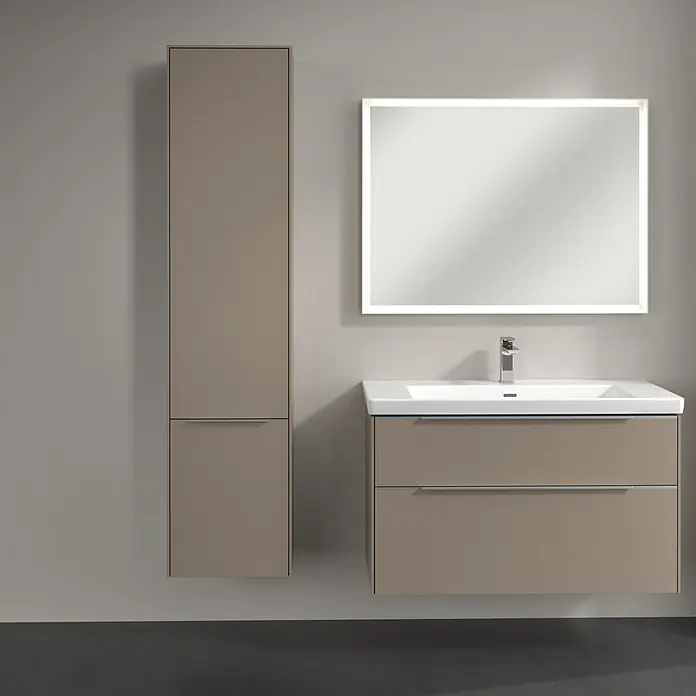 Villeroy & Boch Subway 3.0 Hochschrank - B x T x H: 40 x 36,2 x 171 cm, 2x Tür, Taupe, Farbe Griff: Aluminium glänzend, DIN Anschlag: Links - Modernes Badezimmerensemble mit Waschtischunterschrank, Keramikwaschbecken und Spiegelschrank. Der Hochschrank bietet zusätzlichen Stauraum.