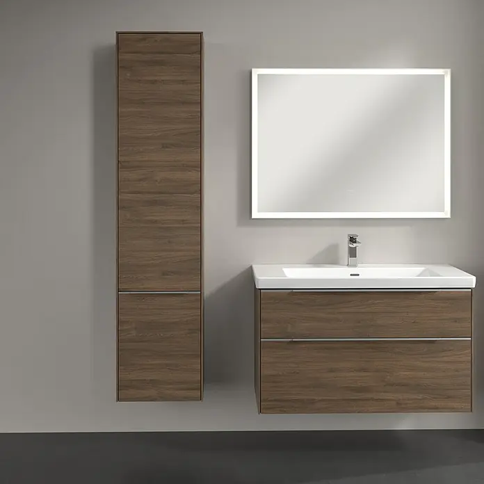 Villeroy & Boch Subway 3.0 Hochschrank - B x T x H: 40 x 36,2 x 171 cm, 2x Tür, Arizona Oak, Farbe Griff: Aluminium glänzend, DIN Anschlag: Links - Modernes Badezimmer-Set mit Waschtisch, Spiegelschrank und Hochschrank in Holzoptik für ein stilvolles Ambiente.