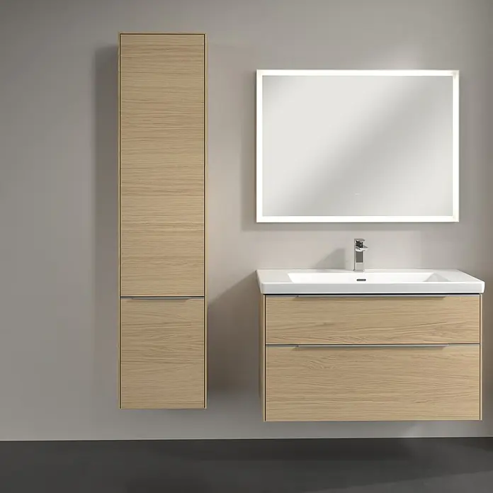 Villeroy & Boch Subway 3.0 Hochschrank - B x T x H: 40 x 36,2 x 171 cm, 2x Tür, Nordik oak, Farbe Griff: Aluminium glänzend, DIN Anschlag: Links - Badezimmer-Ensemble mit Waschtischunterschrank in Holzoptik, Spiegelschrank mit Beleuchtung und Hochschrank. Stilvolles Design für Ihr Bad.