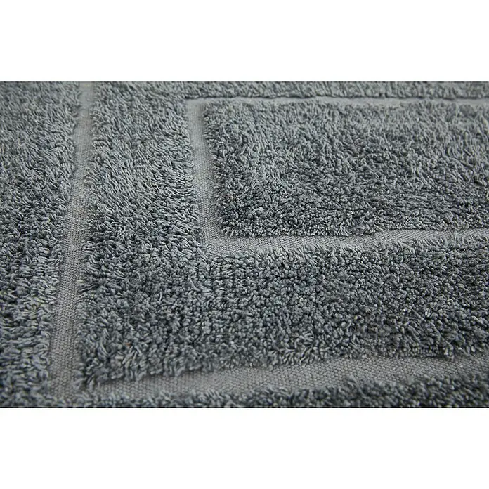 Badteppich Havanna - 50 x 80 cm, Grau, Border, 80% Baumwolle, 20% Polyester - Detailaufnahme einer grauen Badematte mit rechteckigem Muster und flauschiger Textur.
