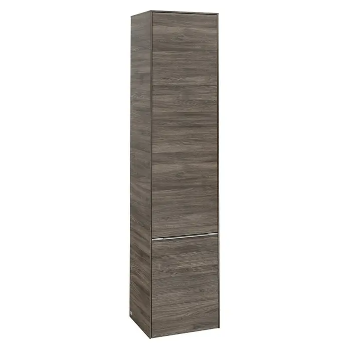 Villeroy & Boch Subway 3.0 Hochschrank - B x T x H: 40 x 36,2 x 171 cm, 2x Tür, Stone Oak, Farbe Griff: Aluminium glänzend, DIN Anschlag: Links - Schlanker, hoher Badezimmerschrank mit zwei Türen in Holzoptik, ideal zur stilvollen Aufbewahrung im Bad.