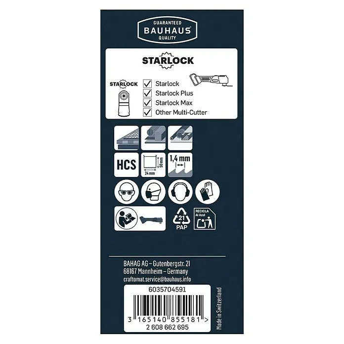 Craftomat Tauchsägeblatt - Geeignet für: Holzwerkstoffe, STARLOCK-System - Abbildung der Produktverpackung einer Starlock-Klinge mit technischen Daten und Sicherheitshinweisen.