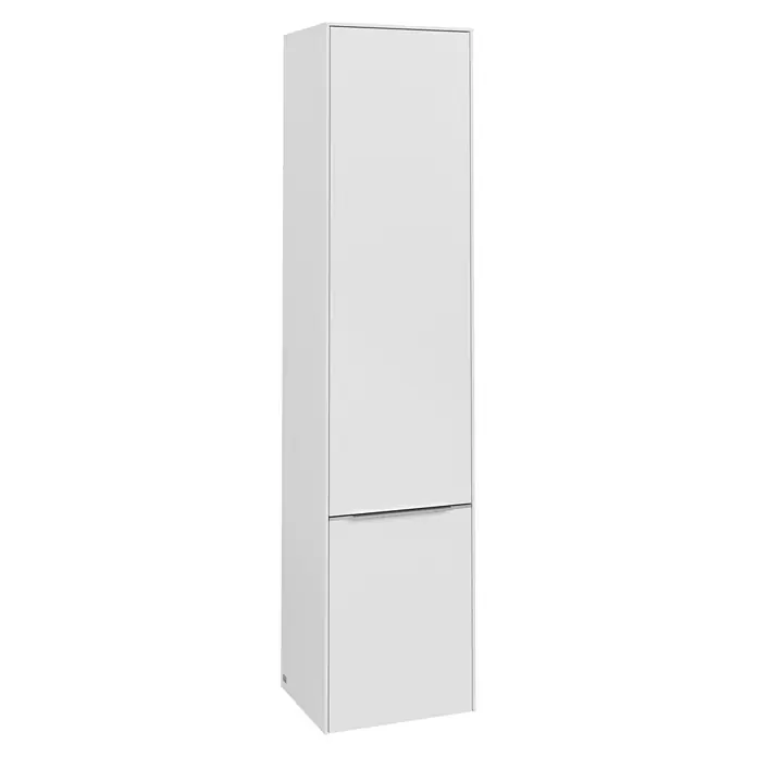 Villeroy & Boch Subway 3.0 Hochschrank - B x T x H: 40 x 36,2 x 171 cm, 2x Tür, Pure White, Farbe Griff: Aluminium glänzend, DIN Anschlag: Links - Nahaufnahme eines modernen weißen Schranks mit zwei Türen, ideal für stilvolle Aufbewahrungslösungen in jedem Raum.