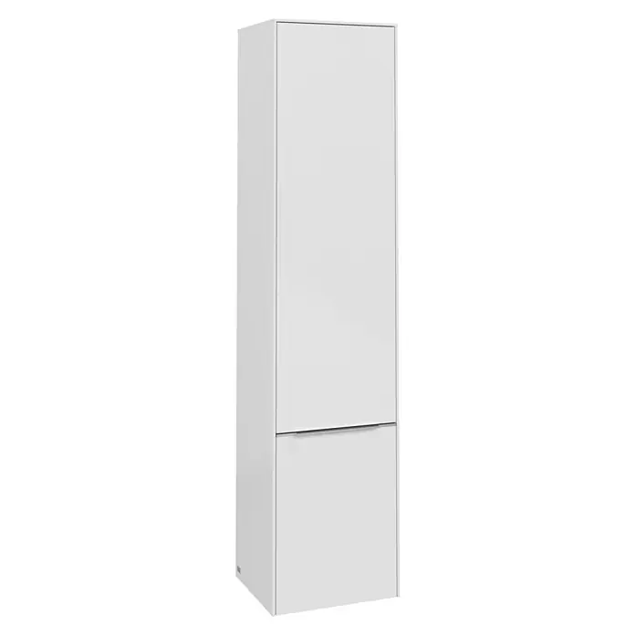 Villeroy & Boch Subway 3.0 Hochschrank - B x T x H: 40 x 36,2 x 171 cm, 2x Tür, Brilliant White, Farbe Griff: Aluminium glänzend, DIN Anschlag: Links - Abbildung eines schlichten, weißen Badezimmerschranks mit zwei Fächern, der sowohl Funktionalität als auch modernes Design vereint.