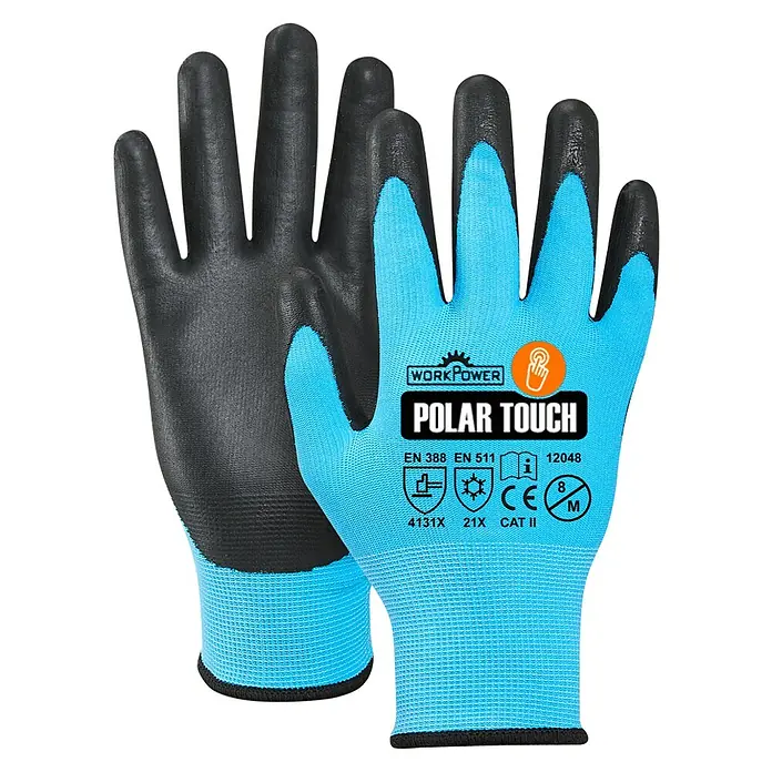 Scheibler Arbeitshandschuhe Polar Touch - 9 - Blaue und schwarze Arbeitshandschuhe mit texturierten Handflächen und Touchscreen-Kompatibilität.