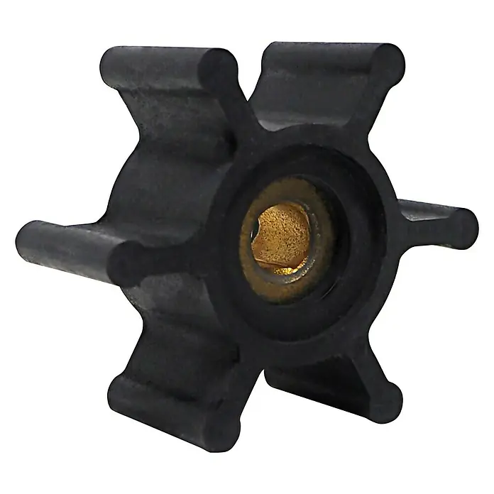 Albin Pump Impeller PN 06-01-009 - Ø x L: 51 x 22 mm, Wellendurchmesser: 8 mm - Eine Nahaufnahme eines schwarzen Pumpenrades mit einer goldenen Nabe.