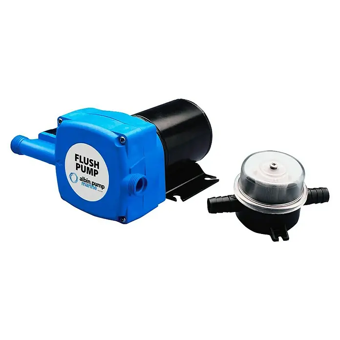 Albin Pump Frischwasserpumpe - Max. Fördermenge: 12 l/h, Spülsysteme 12 V - Abbildung einer Albin Pump Marine Spülpumpe mit Filter, ideal für sanitäre Systeme auf Booten und Yachten.