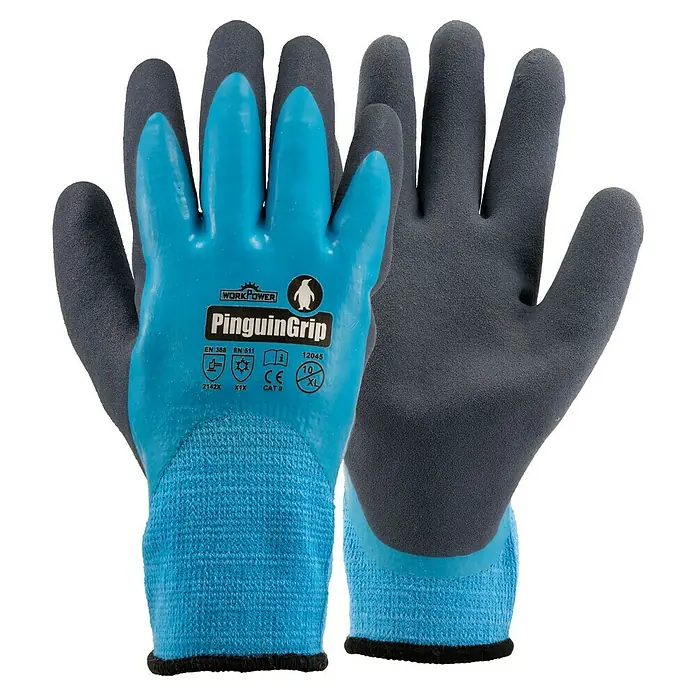 Scheibler Arbeitshandschuhe Pinguin Grip - Blau, 10 - Paar blaue und graue PinguinGrip Arbeitshandschuhe mit strukturierter Handfläche und Fingern, Größe XL.