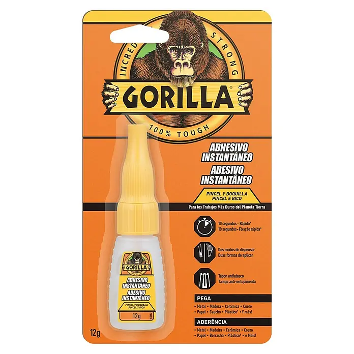 Gorilla Adhesivo instantáneo con pincel y boquilla - 12 g - Adhesivo instantáneo Gorilla con pincel y boquilla para una aplicación precisa. Ideal para uniones fuertes.