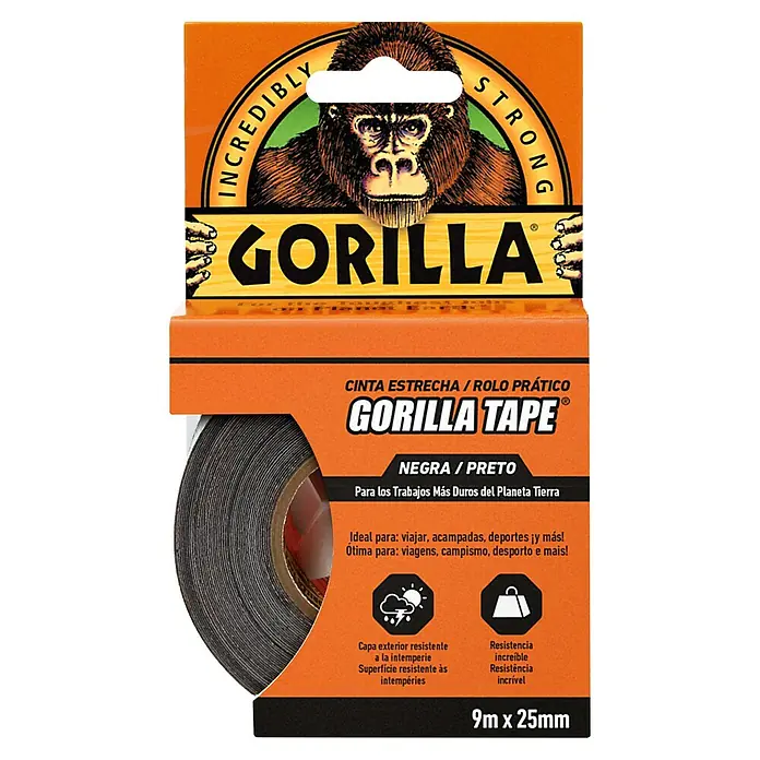 Gorilla Cinta de reparación Americana - Negro, 9 m x 25 mm - Imagen de un paquete de Gorilla Tape con un rollo de cinta negra, anunciada por su fuerza y resistencia a la intemperie.