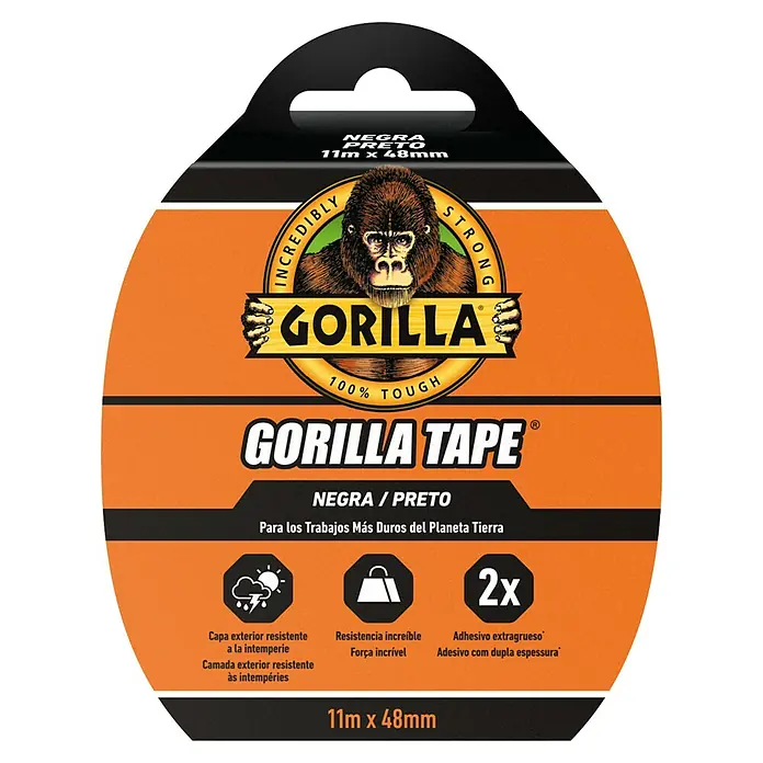 Gorilla Cinta de reparación Americana - Negro, 11 m x 48 mm - Imagen de un rollo de cinta adhesiva Gorilla negra, 11m x 48mm, con el logo de Gorilla y las palabras "Incredibly Strong".