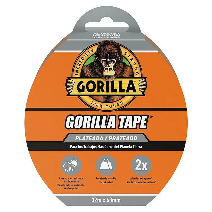 Gorilla Cinta de reparación Americana - Gris, 32 m x 48 mm - Imagen del embalaje de la cinta Gorilla. La cinta plateada, increíblemente resistente para trabajos duros, es impermeable y doble de gruesa.