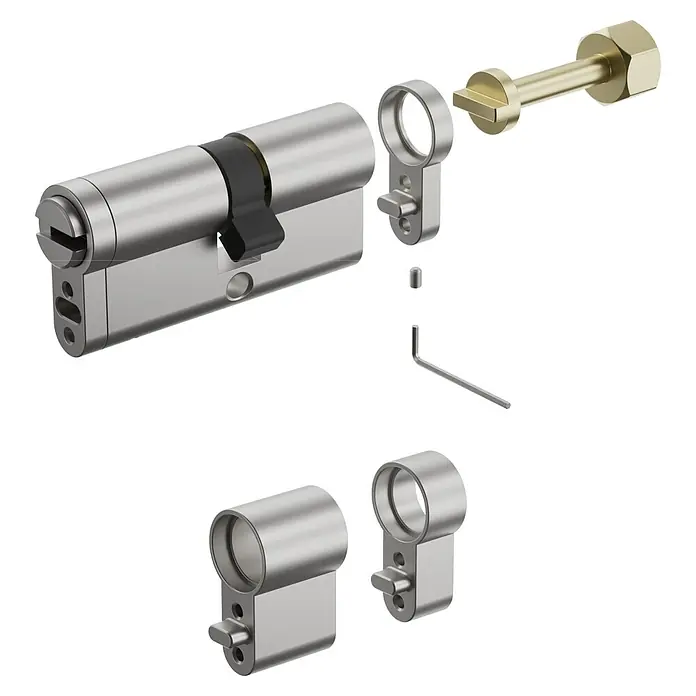 Aqara Profilzylinder AL-D04E - Stärke Tür: 62 mm - 132 mm, Passend für: AQARA U200 Smart Lock, Anzahl Schlüssel: 2 Stk. - Explosionszeichnung eines silbernen Türzylinders, der seine internen Messingkomponenten, Sicherheitsschraube und zusätzliche Zylinderteile zeigt.