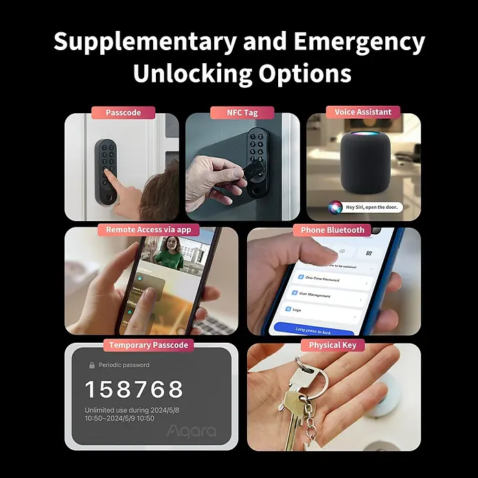 Aqara Elektronisches Türschloss SMART LOCK U200 - Bedienung: Fingerabdruck, Zugangscode, Smartphone, Geeignet für: Türen, Schwarz - Intelligente Türschloss-Optionen: Passcode, NFC-Tag, Sprachassistent, App-Fernzugriff, Bluetooth, temporärer Code & physischer Schlüssel.