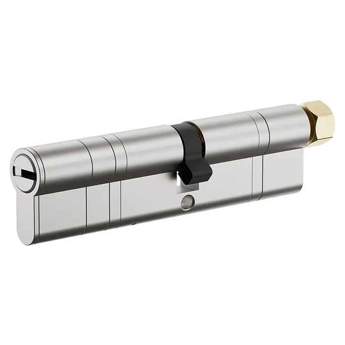 Aqara Profilzylinder AL-D04E - Stärke Tür: 62 mm - 132 mm, Passend für: AQARA U200 Smart Lock, Anzahl Schlüssel: 2 Stk. - Ein Doppelzylinder-Türschloss in Silber mit einem schwarzen Knauf und einem goldenen Endstück. Ideal für erhöhte Sicherheit und einfachen Einbau.