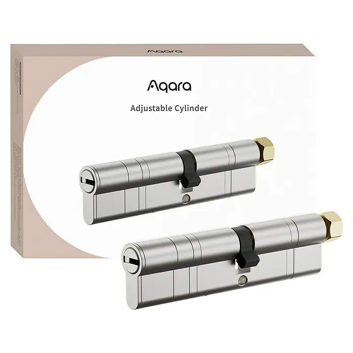 Aqara Profilzylinder AL-D04E - Stärke Tür: 62 mm - 132 mm, Passend für: AQARA U200 Smart Lock, Anzahl Schlüssel: 2 Stk. - Produktbild eines Aqara Adjustable Cylinder Schlosses in Silber, präsentiert in einer eleganten Produktverpackung.