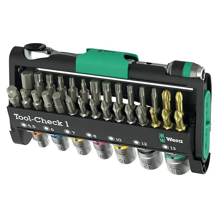 Wera Bit-Set Tool-Check 1 - 38 -tlg. - Das Wera Tool-Check 1 Werkzeugset bietet eine umfassende Auswahl an Bits und Nüssen für vielfältige Schraubanwendungen in Werkstatt und Hobby.