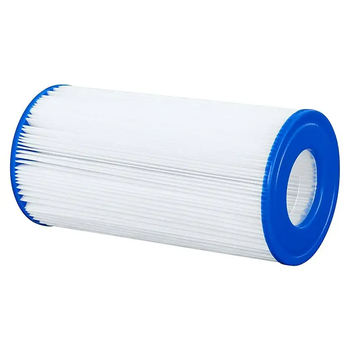 Bestway Filterkartusche - Filterleistung: 5.678 l/h - Nahaufnahme eines Poolfilters, der aus weißen Lamellen und blauen Endkappen besteht. Ideal für die Reinigung von Schwimmbecken.