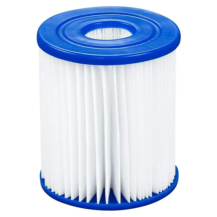 Bestway Filterkartusche - Filterleistung: 1.029 l/h - Nahaufnahme eines zylindrischen Poolfilter mit blauen Endkappen und plissiertem, weißem Filterelement.
