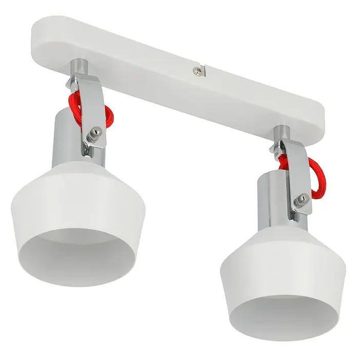 Tween Light Deckenstrahler Grado - 8 W, L x B x H: 26 x 9,5 x 19,2 cm, Weiß, E14 - Nahaufnahme einer weißen Doppeldeckenleuchte mit roten Akzenten, die ein modernes und stilvolles Beleuchtungselement zeigt.