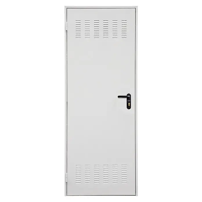 Roper Puerta de trastero Lacada con rejilla - 90 x 210 cm, Derecha, Blanco - Puerta metálica blanca con ranuras de ventilación y manija negra, ideal para uso industrial o almacén.