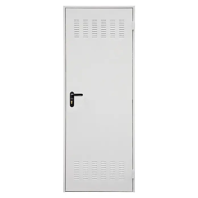 Roper Puerta de trastero Lacada con rejilla - 80 x 210 cm, Izquierda, Blanco - Puerta blanca con manija negra y orificios de ventilación. La puerta es elegante y moderna, ideal para espacios industriales o comerciales.