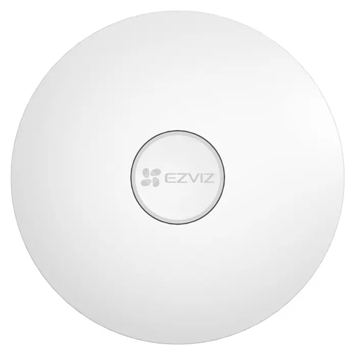 EZVIZ Steuerzentrale A3-R200 - Weiß, L x B x H: 91 x 102 x 107 mm - Nahaufnahme einer weißen EZVIZ-Überwachungskamera in runder Form, ideal für die Deckenmontage in Innenräumen.