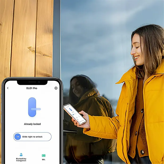 EZVIZ Elektronisches Türschloss-Set DL01 PRO Kit - 3 -tlg., Anzahl Schlüssel: 2 Stk. - Frau, die ein Smartphone mit einer App für ein intelligentes Türschloss, DL01 Pro, hält. Das smarte Türschloss ist bereits verriegelt.