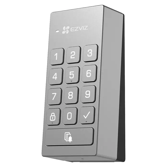 EZVIZ Elektronisches Türschloss-Set DL01 PRO Set - 2 -tlg., Anzahl Schlüssel: 2 Stk. - Nahaufnahme eines silbernen EZVIZ-Türschlosses mit Tastenfeld für den sicheren Zugang zum Haus.