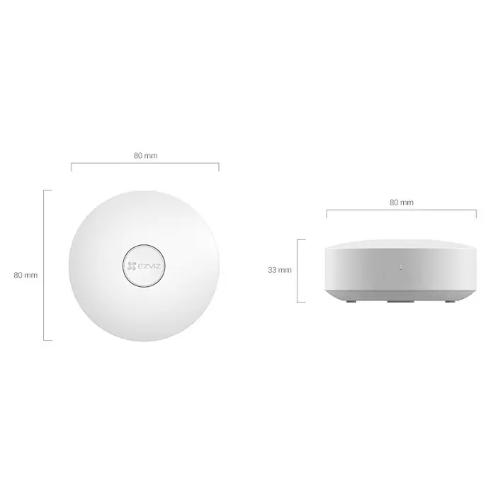 EZVIZ Steuerzentrale A3-R200 - Weiß, L x B x H: 91 x 102 x 107 mm - Abbildung des EZVIZ Smart Home Hub, mit Abmessungen von 80 mm Durchmesser und 33 mm Höhe, dargestellt in zwei Ansichten.