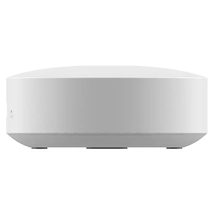 EZVIZ Steuerzentrale A3-R200 - Weiß, L x B x H: 91 x 102 x 107 mm - Eine Nahaufnahme eines runden, weißen WLAN-Routers mit flachem Design, der auf einer ebenen Fläche steht.
