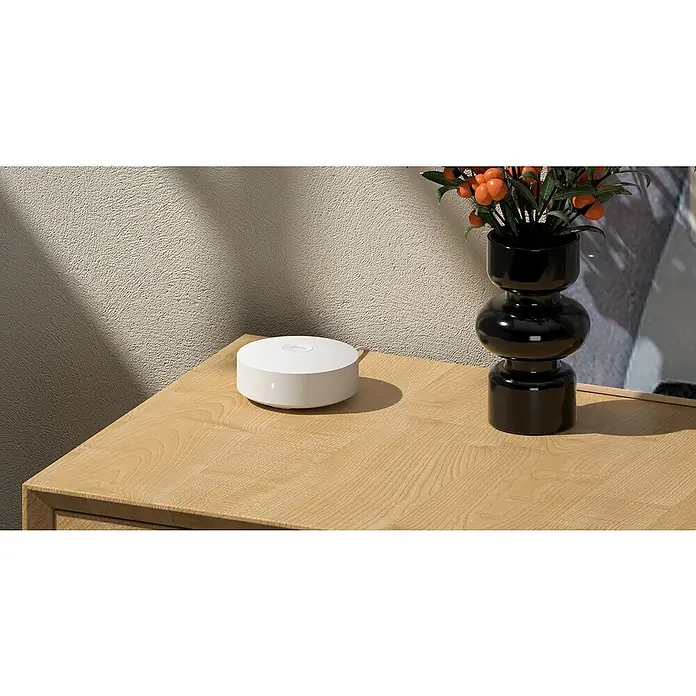 EZVIZ Steuerzentrale A3-R200 - Weiß, L x B x H: 91 x 102 x 107 mm - Ein weißes, rundes Smart-Home-Gerät steht auf einem hellen Holzmöbelstück, daneben eine schwarze Vase mit floralen Elementen.