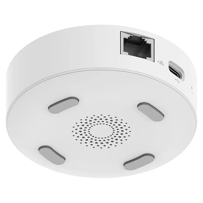 EZVIZ Steuerzentrale A3-R200 - Weiß, L x B x H: 91 x 102 x 107 mm - Detailansicht eines weißen, runden Geräts mit Ethernet- und USB-C-Anschlüssen sowie einer Lautsprechermulde und rutschfesten Füßen.