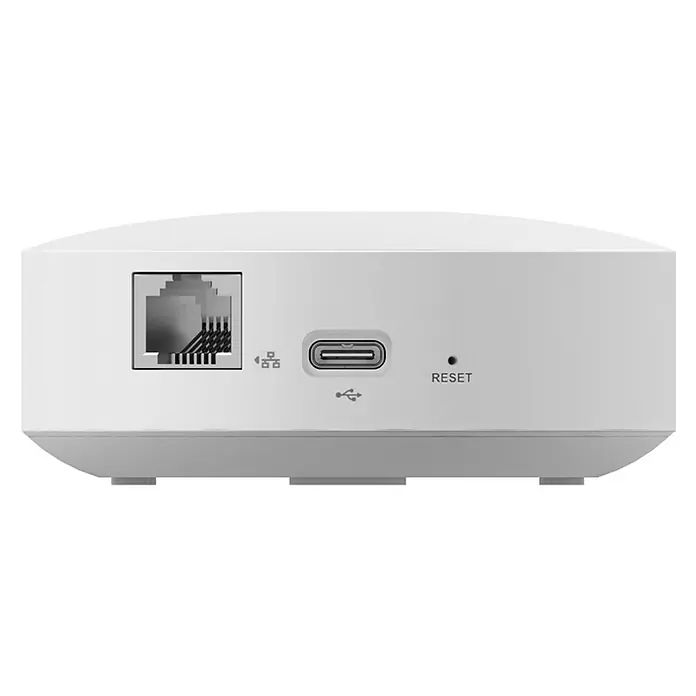 EZVIZ Steuerzentrale A3-R200 - Weiß, L x B x H: 91 x 102 x 107 mm - Rückseite eines weißen Geräts mit Ethernet-Anschluss, USB-C-Anschluss und Reset-Taste. Das Gerät dient zur Netzwerkkommunikation und Konfiguration.