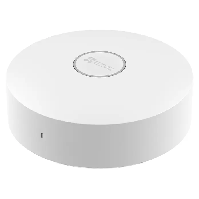 EZVIZ Steuerzentrale A3-R200 - Weiß, L x B x H: 91 x 102 x 107 mm - Nahaufnahme einer weißen EZVIZ-Basisstation, einem Gerät zur Unterstützung von Sicherheitskameras und intelligenten Hausautomationssystemen.
