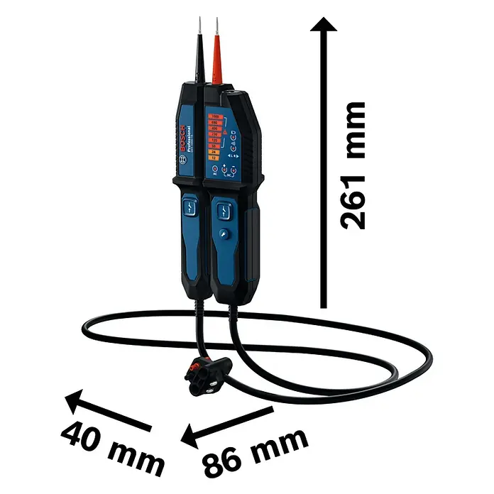 Bosch Professional Spannungsprüfer GVT 1000-15 - 1.000 V, Blau, Schwarz - Produktabbildung eines Bosch Professional Zwei-Pol Spannungsprüfers GVT 1000 mit Maßangaben. Das Gerät ist schwarz/blau mit zwei Messspitzen.