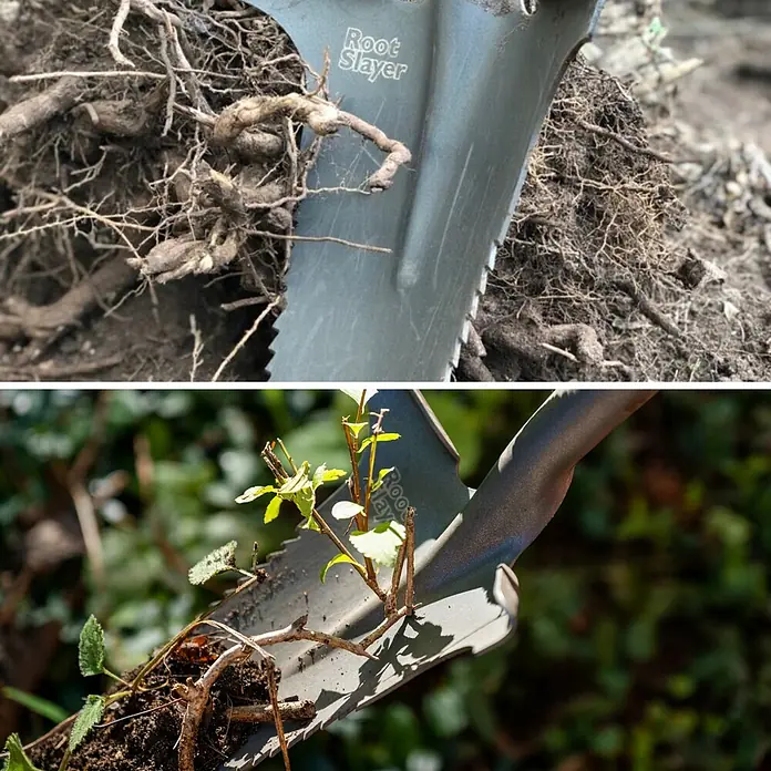 Root Slayer Rodespaten 5in1 - Mit Tritt, Länge: 113 cm - Nahaufnahme eines Root Slayer Grabwerkzeugs, das Wurzeln durchtrennt, ein unverzichtbares Werkzeug für jeden Gärtner.