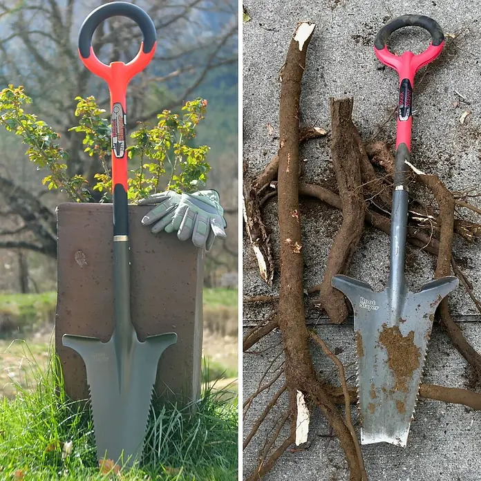 Root Slayer Rodespaten 5in1 - Mit Tritt, Länge: 113 cm - Die Root Slayer Gartenschaufel mit Sägezähnen zum einfachen Durchtrennen von Wurzeln, ideal für Gartenarbeiten.