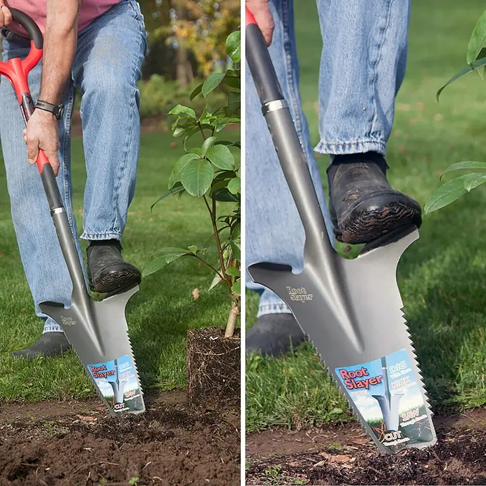 Root Slayer Rodespaten 5in1 - Mit Tritt, Länge: 113 cm - Das Bild zeigt einen Mann, der mit einem Root Slayer Spaten ein Loch für einen Baum gräbt. Der Spaten ist speziell zum Durchtrennen von Wurzeln konzipiert.