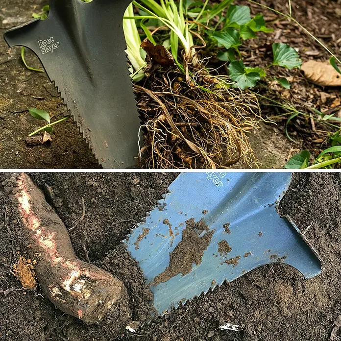 Root Slayer Rodespaten 5in1 - Mit Tritt, Länge: 113 cm - Wurzeln und eine Hacke Root Slayer.