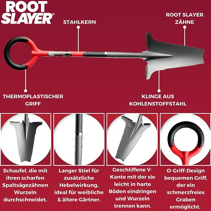 Root Slayer Rodespaten 5in1 - Mit Tritt, Länge: 113 cm - Abbildung eines Root Slayer Spatens mit detaillierten Beschreibungen der Hauptmerkmale.