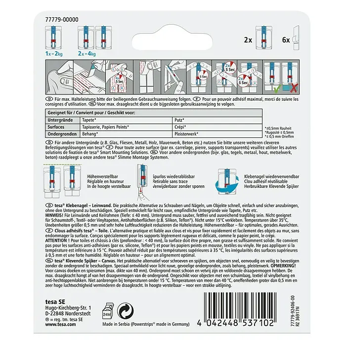 Tesa Klebenagel - Geeignet für: Leinwände, Belastbarkeit: 2 kg, 2 Stk., Blau - Tesa Klebenagel Leinwand-Verpackung: Flexible, wiederverwendbare Lösung zum Aufhängen von Leinwänden ohne Beschädigung der Wand.