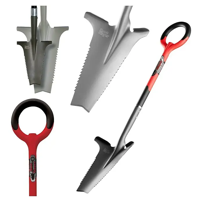 Root Slayer Rodespaten 5in1 - Mit Tritt, Länge: 113 cm - Abbildung eines Root Slayer Gartenspatens. Dieses Werkzeug ist perfekt, um hartnäckige Wurzeln zu durchtrennen und zu entfernen.