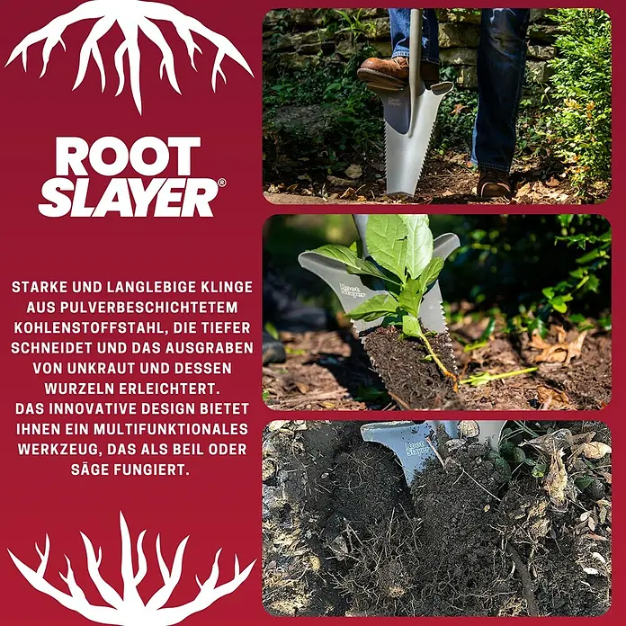 Root Slayer Rodespaten 5in1 - Mit Tritt, Länge: 113 cm - Bild einer Root Slayer Gartenschaufel in Aktion, die Wurzeln schneidet und Unkraut entfernt.
